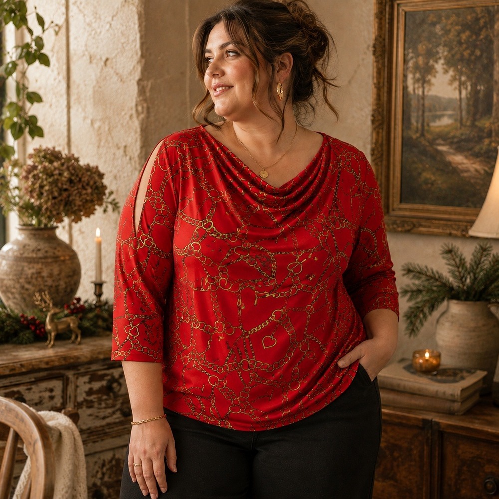 Susan Graver Red Gold Chain Print Cowl Neck Cold Shoulder Top Shirt 3X Plus Size